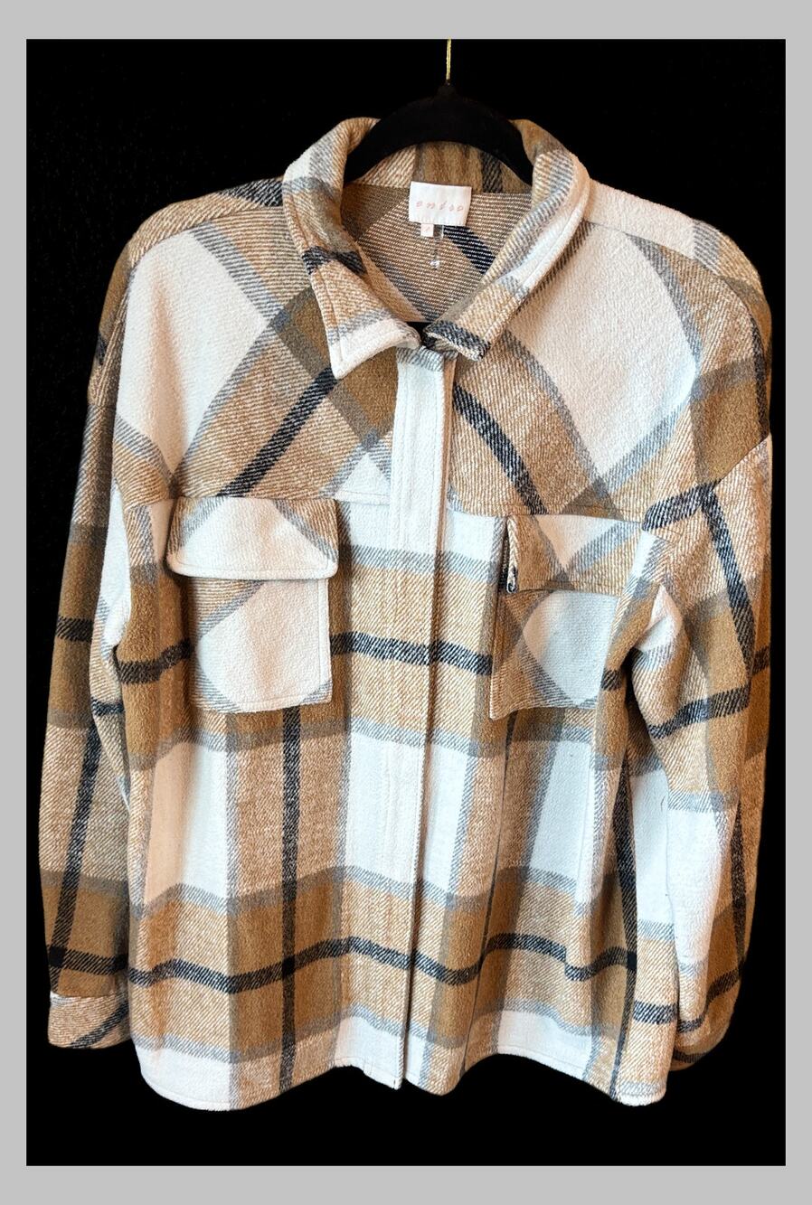 Entro Women’s Large Plaid Shacket Tan Cream Black Oversized Shirt Jacket